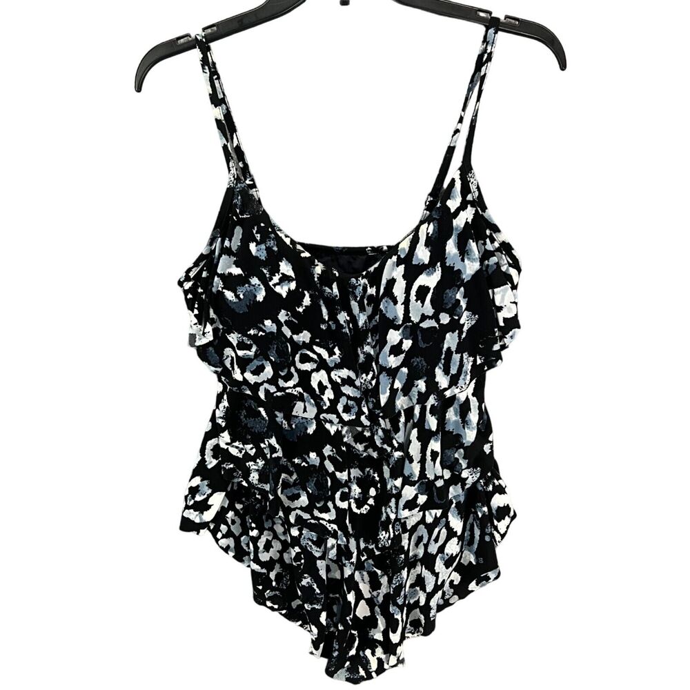 MagicSuit Rita Tankini Swim Top Womens 8 Black Animal Print Tiered Tummy Control